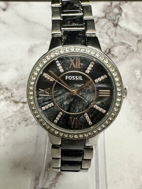 Fossil Virginia Watch Women Silver Tone Black Marbled Dial New Battery 7.75"